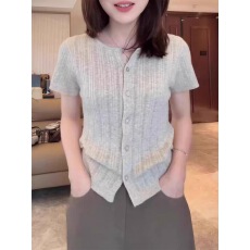 批发设计感镂空短袖针织开衫女2026<b class='q'>夏</b>季新款韩版单排扣显瘦外搭上衣