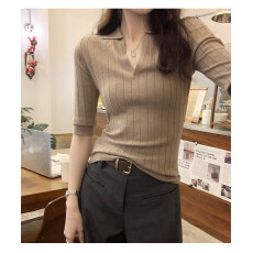 批发2026<b class='q'>夏</b>季新款气质polo领修身中袖针织衫女T恤独特设计感纯欲上衣