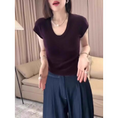 批发冰丝针织衫正肩短袖t恤女2026新款夏季简约U领修身收腰飞飞袖上衣