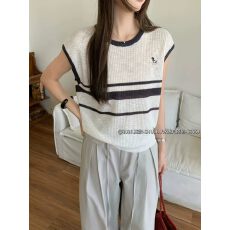 批发韩系小马刺绣条纹无袖针织背心女夏<b class='q'>薄款</b>撞色圆领坎肩宽松显瘦上衣