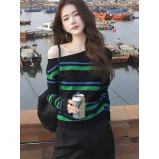 批发蓝绿色条纹露肩长袖T恤女2026早秋季新款独特漂亮小众不撞款上衣