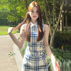 批发法式学院千金风蓝色格纹假两件<b class='q'>连衣裙</b>女夏季腰带装饰收腰显瘦短裙