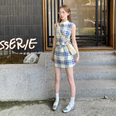 批发法式学院千金风蓝色格纹假两件<b class='q'>连衣裙</b>女夏季腰带装饰收腰显瘦短裙