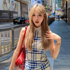 批发法式学院千金风蓝色格纹假两件<b class='q'>连衣裙</b>女夏季腰带装饰收腰显瘦短裙