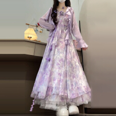 批发法式<b class='q'>紫色</b>碎花<b class='q'>连衣裙</b>吊带裙子外搭罩衫两件套装裙高级感巨好看长裙