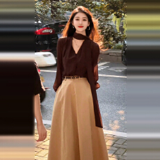 批发法式气质v领长袖<b class='q'>连衣</b>裙子女2025新款早秋韩系穿搭一整套<b class='q'>长裙</b>套装