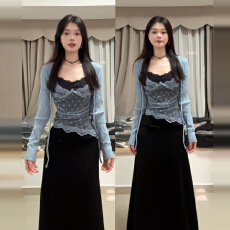 批发御姐风黑色蕾丝吊带<b class='q'>连衣</b>裙子女装2025秋季新款韩系高级感<b class='q'>长裙</b>套装