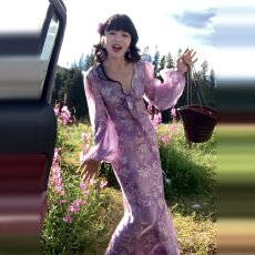 批发法式v领紫色碎花长袖<b class='q'>连衣裙</b>子<b class='q'>女</b>装夏季2025新款秋冬穿搭鱼尾长<b class='q'>裙</b>