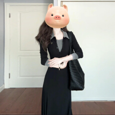 批发法式黑色长袖<b class='q'>v领</b>polo<b class='q'>连衣裙</b>子女秋季2025新款高级感收腰显瘦长裙