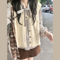 批发蝴蝶结格子衬衫<b class='q'>外套</b>女2025新爆款秋冬季韩系穿搭马甲上衣两件套装