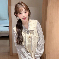 批发蝴蝶结格子衬衫<b class='q'>外套</b>女2025新爆款秋冬季韩系穿搭马甲上衣两件套装