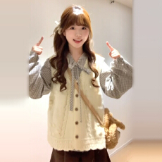 批发蝴蝶结格子衬衫<b class='q'>外套</b>女2025新爆款秋冬季韩系穿搭马甲上衣两件套装