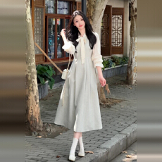 批发法式假两件长袖连衣裙子女春秋季2025新款富家千金感气质收腰长裙