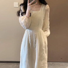 批发韩系高级感白色长袖连衣裙子女2025早秋季新款小个子穿搭套装长裙