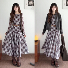 韩系高级感格子长袖连衣裙子女早秋季2025新款小个子气质收腰长裙