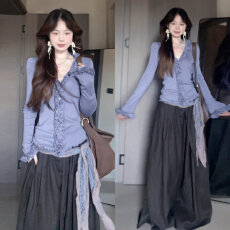 批发韩系chic别致紫色长袖t恤女2025新款早<b class='q'>秋</b>季氛围感超好看打底上衣