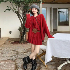 批发红色针织背心连衣裙子女2025新款巨好看韩系早秋流行穿搭一整套装