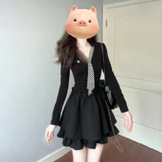 批发韩系巨好看长袖黑色连衣裙子女早秋季2025新爆款学院风小个子短裙