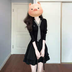 批发韩系巨好看长袖黑色连衣裙子女早秋季2025新爆款学院风小个子短裙