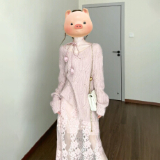 批发2025新款法式粉色斜肩针织连衣裙子女秋冬季<b class='q'>蕾丝</b>拼接半身长裙<b class='q'>套装</b>