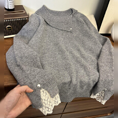 批发灰色翻领毛衣女秋冬季韩系慵懒高级感加厚蕾丝内搭打底针织衫上衣