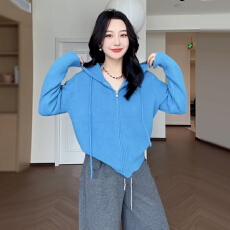 批发韩系慵懒高级感蓝色连帽毛衣外套女秋冬宽松<b class='q'>休闲</b>开衫内搭外穿上衣