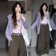 批发韩系慵懒风紫色连帽毛衣外套女2025秋冬季新款小个子宽松针织开衫