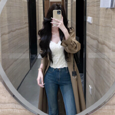 批发卡其色韩系风衣外套女中长款2025秋季新款收腰气质正肩小个子大衣