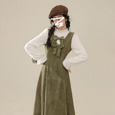 批发2025秋冬新款绿色长袖连衣裙子女装假两件入冬高级感收腰套装长裙