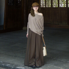 批发韩系早秋穿搭一整套女2025新款斜肩长袖针织上衣宽松阔腿裤两件套