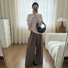 批发韩系早秋穿搭一整套女2025新款斜肩长袖针织上衣宽松阔腿裤两件套