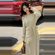 批发巨好看早秋韩系穿搭一整套2025新款立体花朵斜肩针织连衣裙女套装