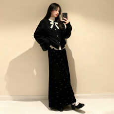 批发财阀千金黑色毛衣针织<b class='q'>连衣裙</b>女秋冬季2025新款<b class='q'>小香风</b>穿搭套装长裙