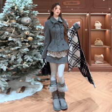 批发2025新款灰色毛呢套装<b class='q'>连衣裙</b>子女秋冬季富家千金感短裙高级感穿搭