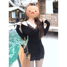 批发纯欲风黑色v领蕾丝连衣裙子秋<b class='q'>冬</b>御姐风性感修身打底内搭包臀短裙