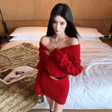 批发圣诞节穿搭一字肩红色连衣<b class='q'>裙子</b>女秋冬2025新款修身显瘦包臀毛衣裙