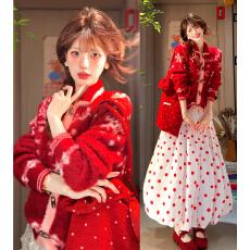 批发红色圣诞节穿搭复古跨年<b class='q'>连衣裙</b>子2025新款法式三件套<b class='q'>波点</b>长裙套装