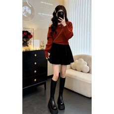 批发过新年战袍红色毛衣连衣裙女秋冬2026新款巨好看穿搭一整套装短裙