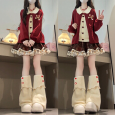 批发新年过年穿搭娃娃领假两件女冬毛衣<b class='q'>针织</b>开衫格纹裙学院风两件<b class='q'>套装</b>