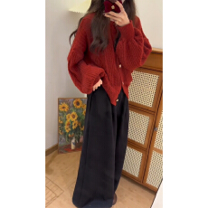 批发韩系减龄搭配一整套冬装新年红色针织毛衣开衫套装裤子两件套气质