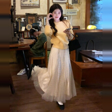 批发韩系穿搭温柔风毛衣针织衫女秋冬新款设计感高腰波点长裙两件套装