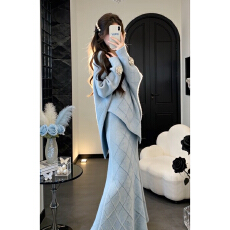 批发蓝色毛衣针织连衣裙子女冬季2026新款巨好看韩系穿搭一整<b class='q'>套装</b>长裙