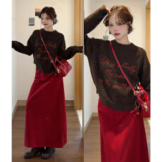 批发新年穿搭咖色毛衣连衣裙子女2026冬季新款巨好看冬装一整套装长裙