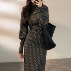 批发法式半高领灯笼袖波点收腰连衣裙春季设计感修身显瘦打底长裙子女