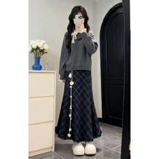 批发2026新款韩系复古针织<b class='q'>套装</b>连衣裙子女秋冬季小个子格纹长裙<b class='q'>套装</b>
