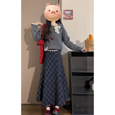 批发2026新款韩系复古针织套装<b class='q'>连衣裙</b>子女秋冬季小个子格纹长裙套装