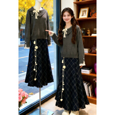 批发2026新款韩系复古针织<b class='q'>套装</b>连衣裙子女秋冬季小个子格纹长裙<b class='q'>套装</b>