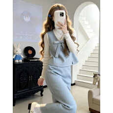 批发2026新款富家千金小香温柔风毛衣连衣裙子三件套秋冬季长裙套装女