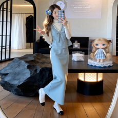 批发2026新款富家千金小香温柔风毛衣连衣裙子三件套秋冬季长裙套装女
