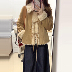 批发韩系小个子甜美上衣2026新款<b class='q'>冬</b>季仿羊羔毛翻领拼接皮毛一体外套女